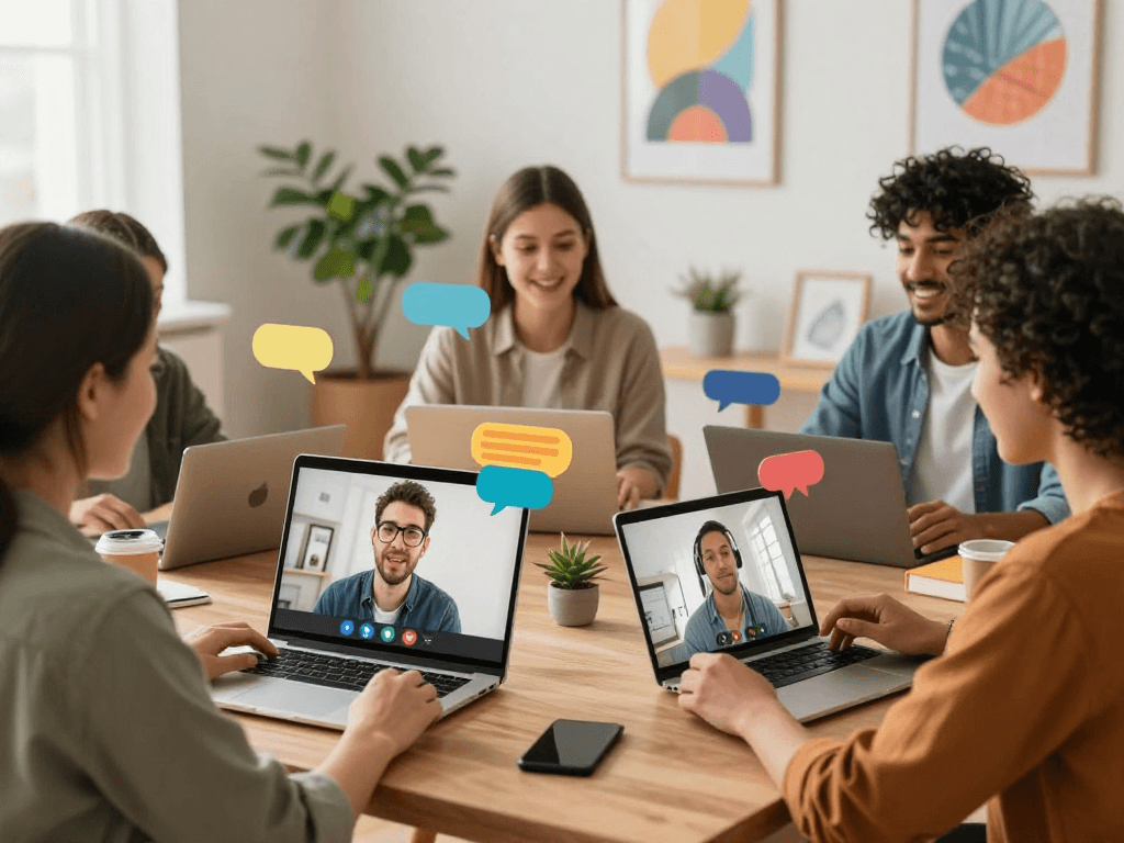 Engaging digital chat scene with diverse users sharing lively spicychat discussions in vibrant home office.