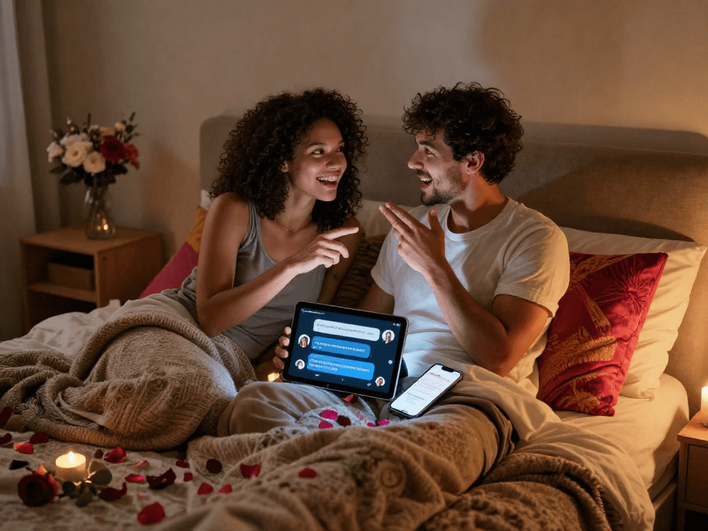 Couple enjoying AI dirty talk in an intimate bedroom setting with tech devices.