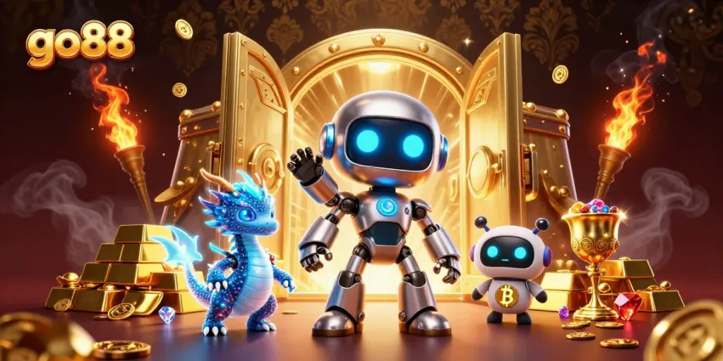 Play games at go88, featuring a vibrant 3D illustration of a futuristic cyberpunk mascot and gold treasures.