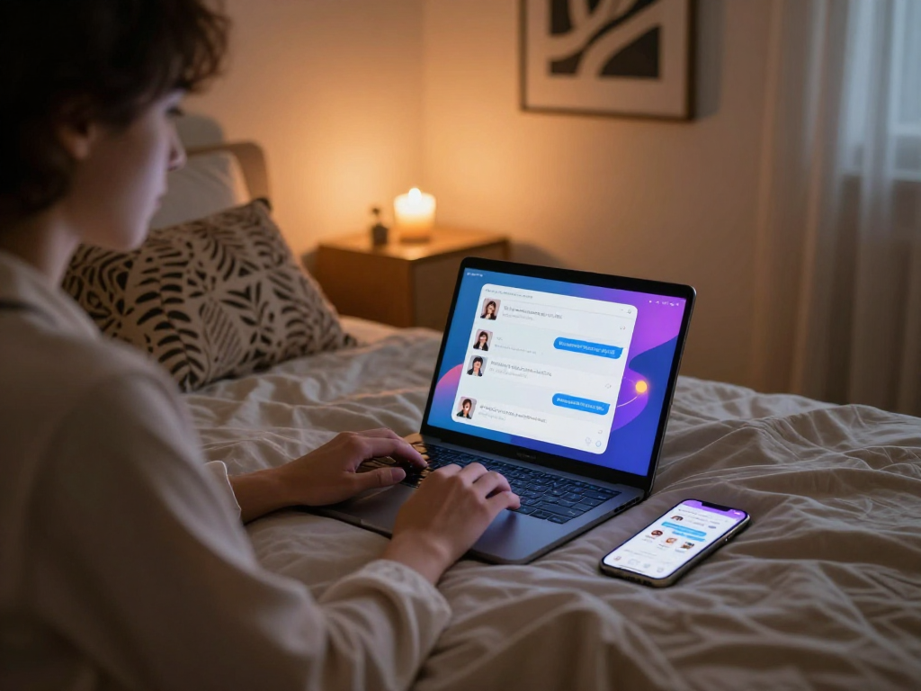 Engaging with ai sex chatbot in an intimate bedroom setting