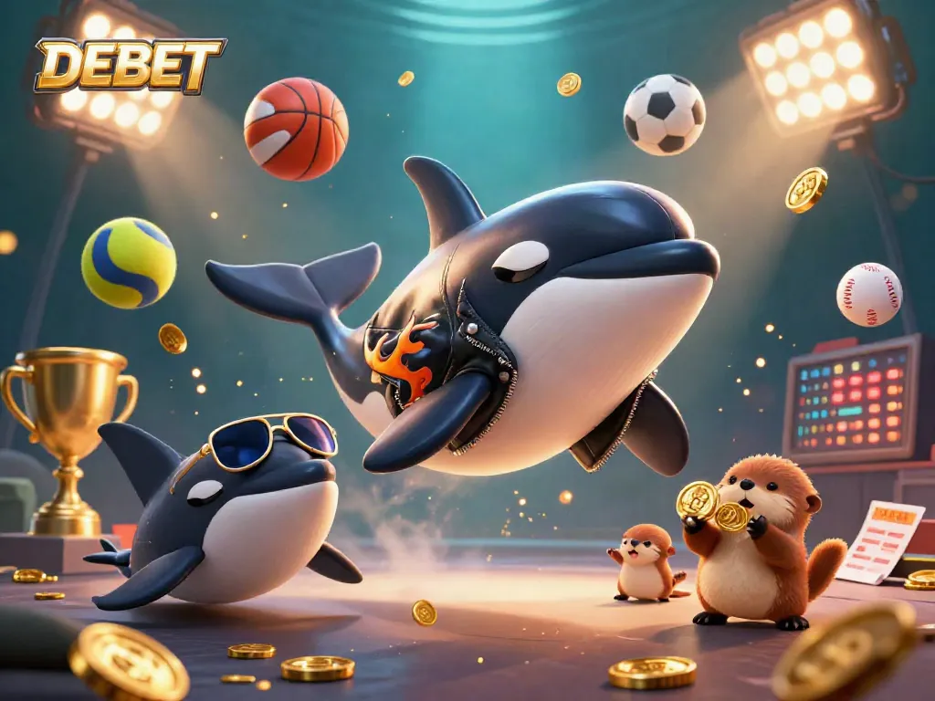 Experience DEBET's thrilling gaming world with cartoon characters and vibrant betting elements.