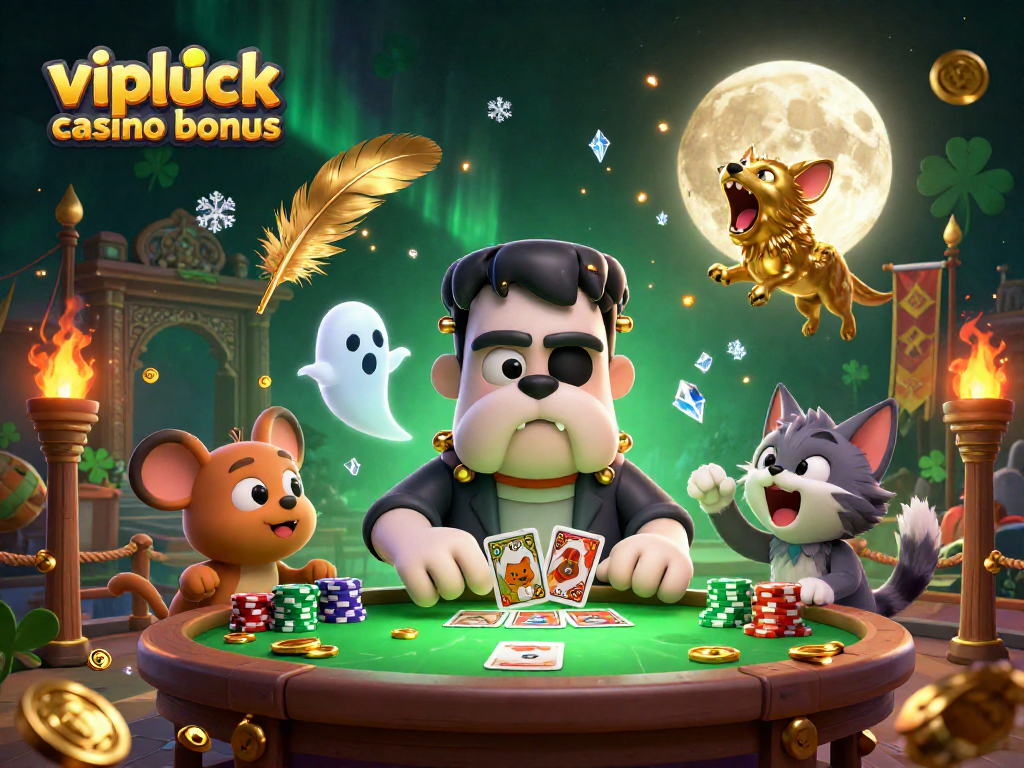 Gioca con il bonus VIPLuck casino mentre un bulldog Frankenstein distribuisce carte in un'atmosfera spettrale.