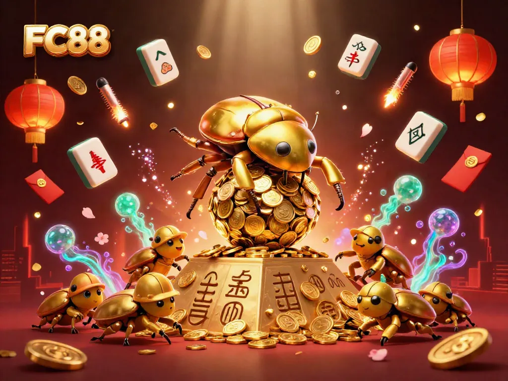 Engage in the vibrant world of FC88 with this dynamic casino illustration showcasing golden beetles and symbols.