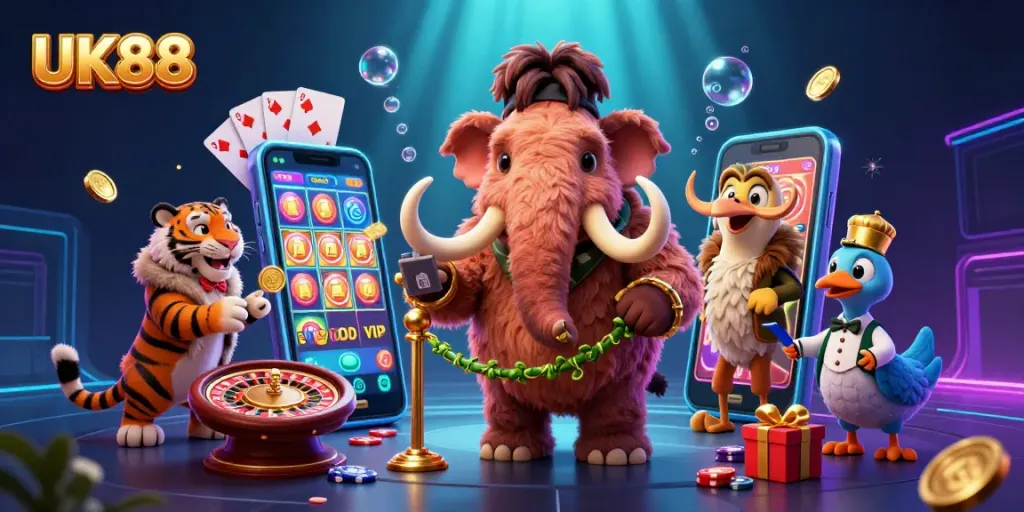 Engage in thrilling gambling with UK88 as cartoon characters showcase vibrant slot games and casino excitement.
