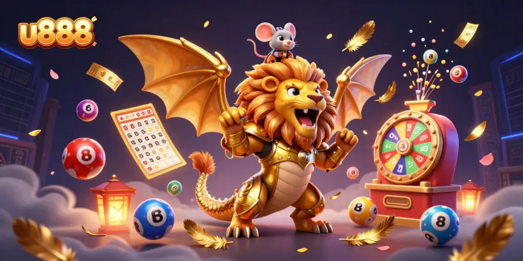 The u888 chimeric creature leads a vibrant, dynamic scene filled with colorful lottery balls and enticing gambling elements.