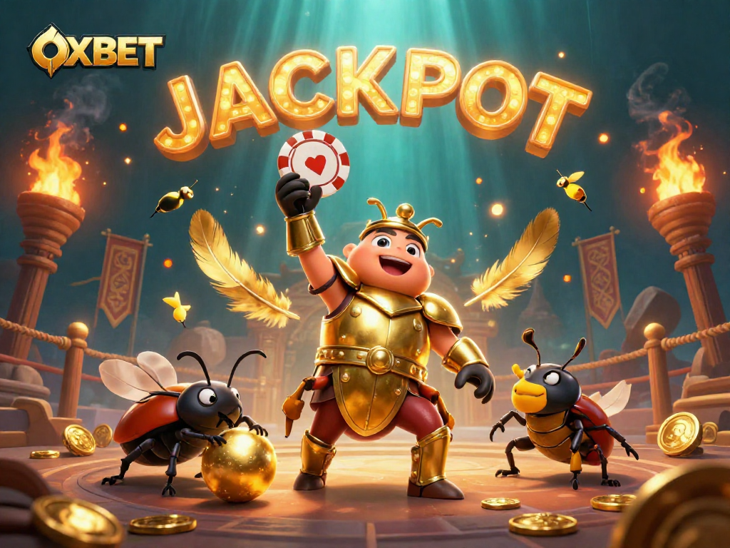 Experience OXBET's thrilling casino adventure with a victorious beetle and golden elements.