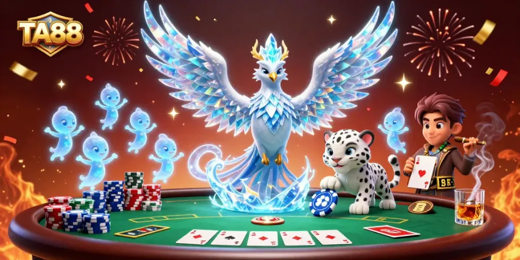 Engage in exciting poker at TA88 with a vibrant scene featuring magical characters and casino glamour.
