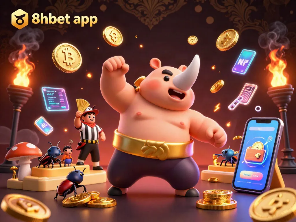 Experience the thrill of the 8xbet app with a vibrant digital casino scene featuring unique characters.