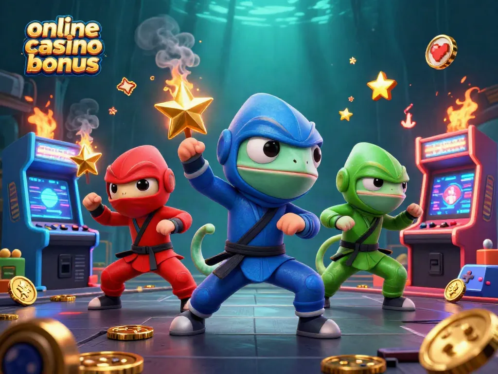 Experience thrilling online casino bonuses with dynamic 3D chameleon ninjas in a vibrant gaming scene.
