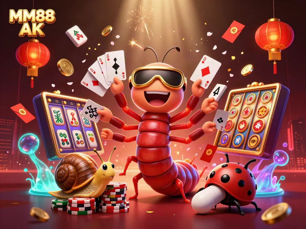 Experience the excitement of MM88 AK with a vibrant casino scene featuring a millipede dealer and animated game elements.