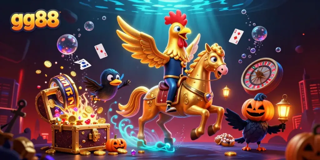 Experience the excitement of gg88 with a golden rooster traversing a lively midnight casino scene.