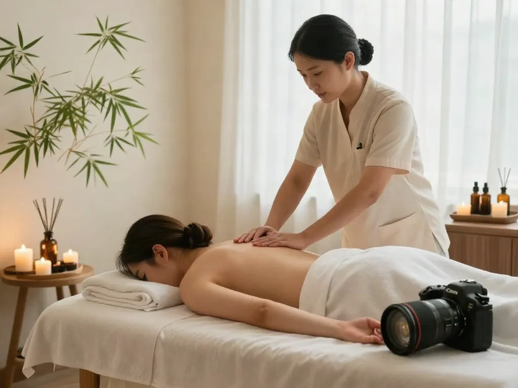 Serene 서초출장마사지 experience in a calming spa with candles and bamboo.