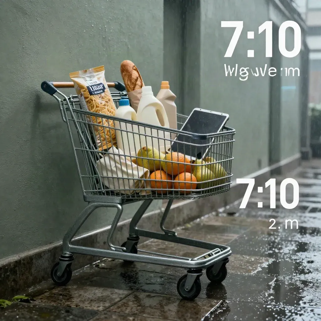 Carrello della spesa pieno in un corridoio bagnato, luce del mattino e riflessi freddi.