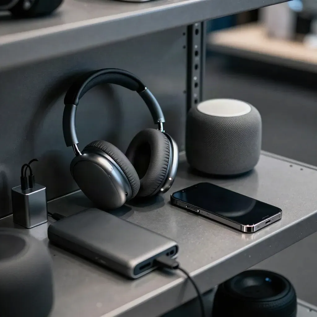 Cuffie, power bank, caricatore, speaker e telefono spento su scaffale tech notturno, luce dura.