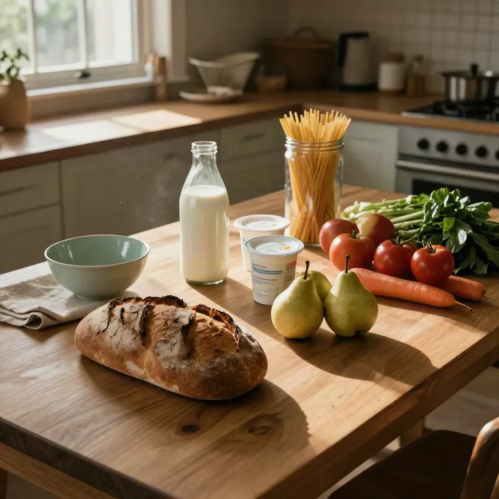 Spesa di famiglia divisa in pile ordinate su un tavolo cucina, in luce calda del pomeriggio.