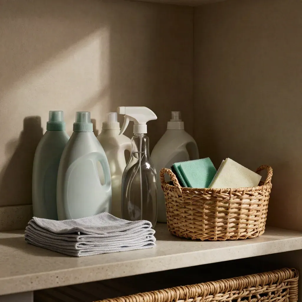 Mensola utility con detersivi, spray vetri, panni in microfibra e cesta in fibra naturale, ordinati.