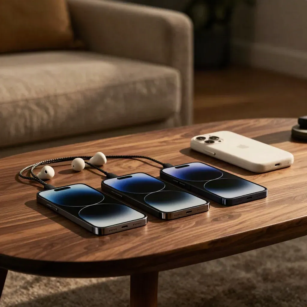 Due smartphone spenti con auricolari, cavo intrecciato e custodia rigida su tavolino basso, luce calda.