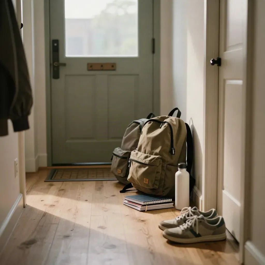 Zaini scolastici, quaderni e scarpe pronte accanto alla porta in un corridoio luminoso.