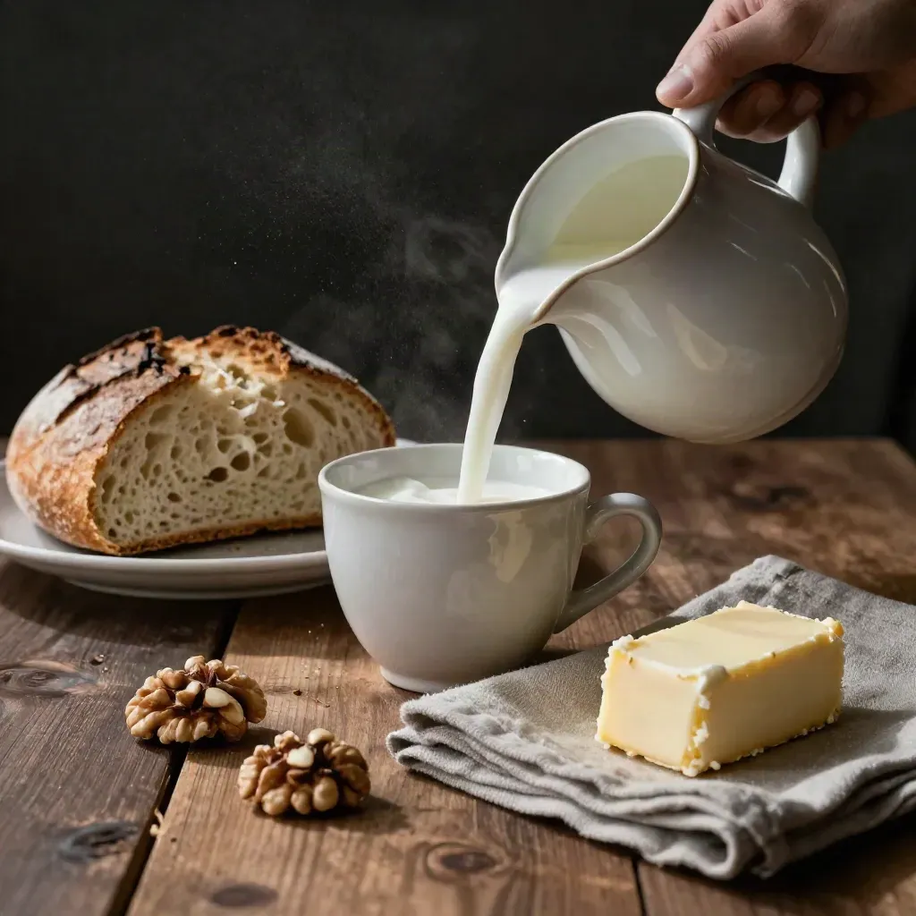 Brocca di latte in versata, pane rustico, burro e tazza vuota su tavolo di legno.