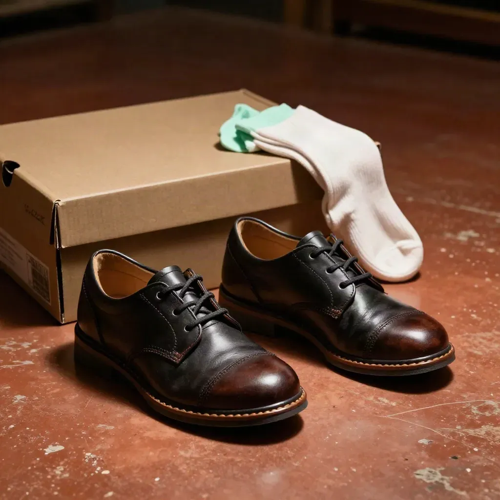 Scarpe Geox per bambino e adulto, accostate in prova rapida su pavimento showroom con scatola neutra.