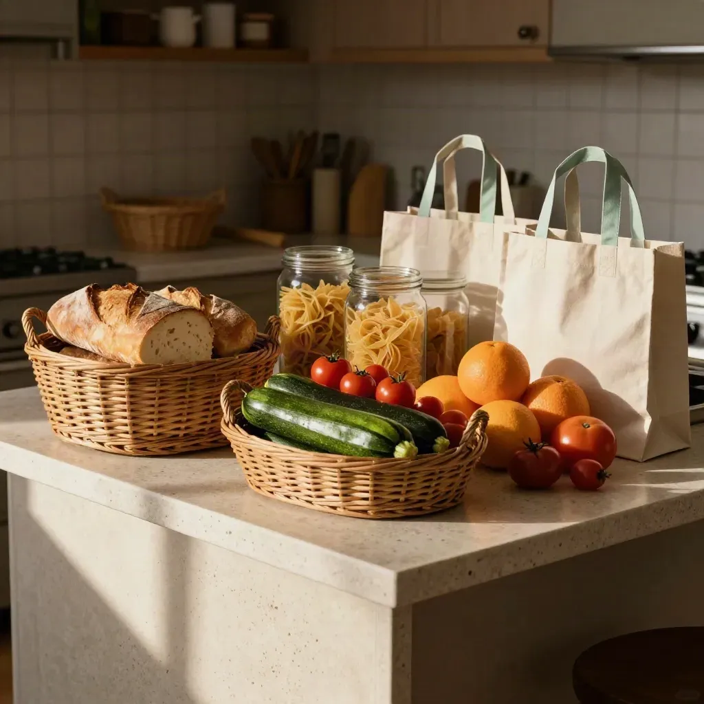 Spesa famiglia su piano di travertino con pane, verdure, pasta e borse riutilizzabili