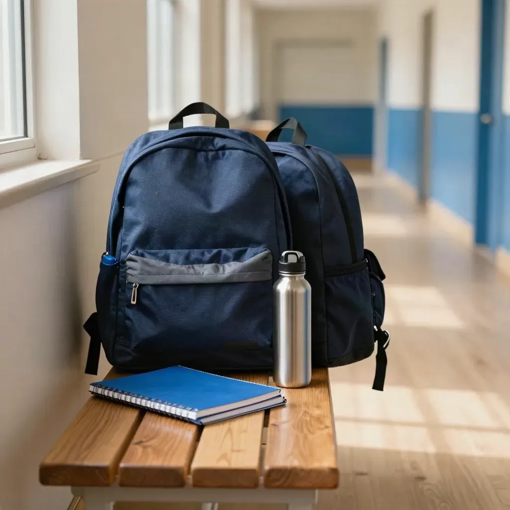 Zaini scolastici e accessori pronti su una panca in corridoio, luce mattutina calda.