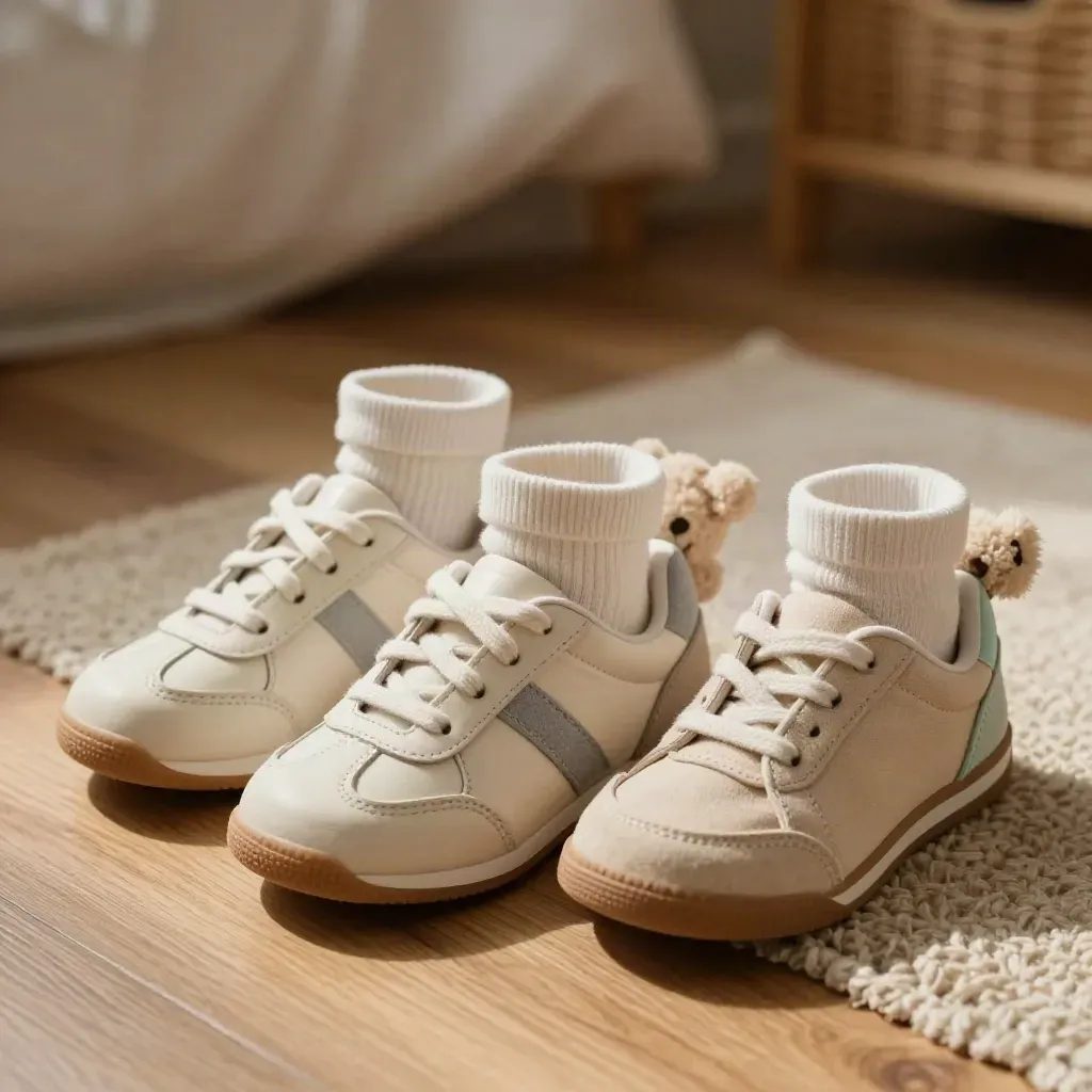 Due paia di sneaker per bambino con calze piegate e peluche su tappeto chiaro