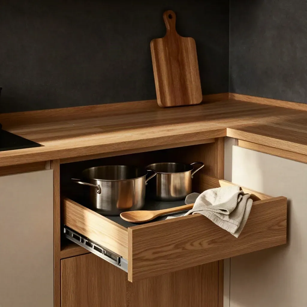 Modulo cucina con cassetto aperto, pentole nidificate, utensili in legno e tagliere spesso in luce calda.