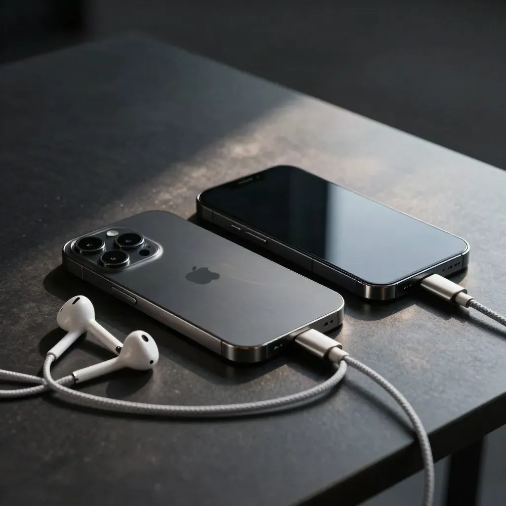 Due smartphone affiancati con auricolari e cavo intrecciato su tavolo scuro, luce drammatica.