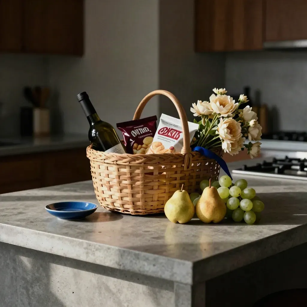 Cestino della spesa con vino, snack, frutta e fiori su piano in cemento, luce pomeridiana
