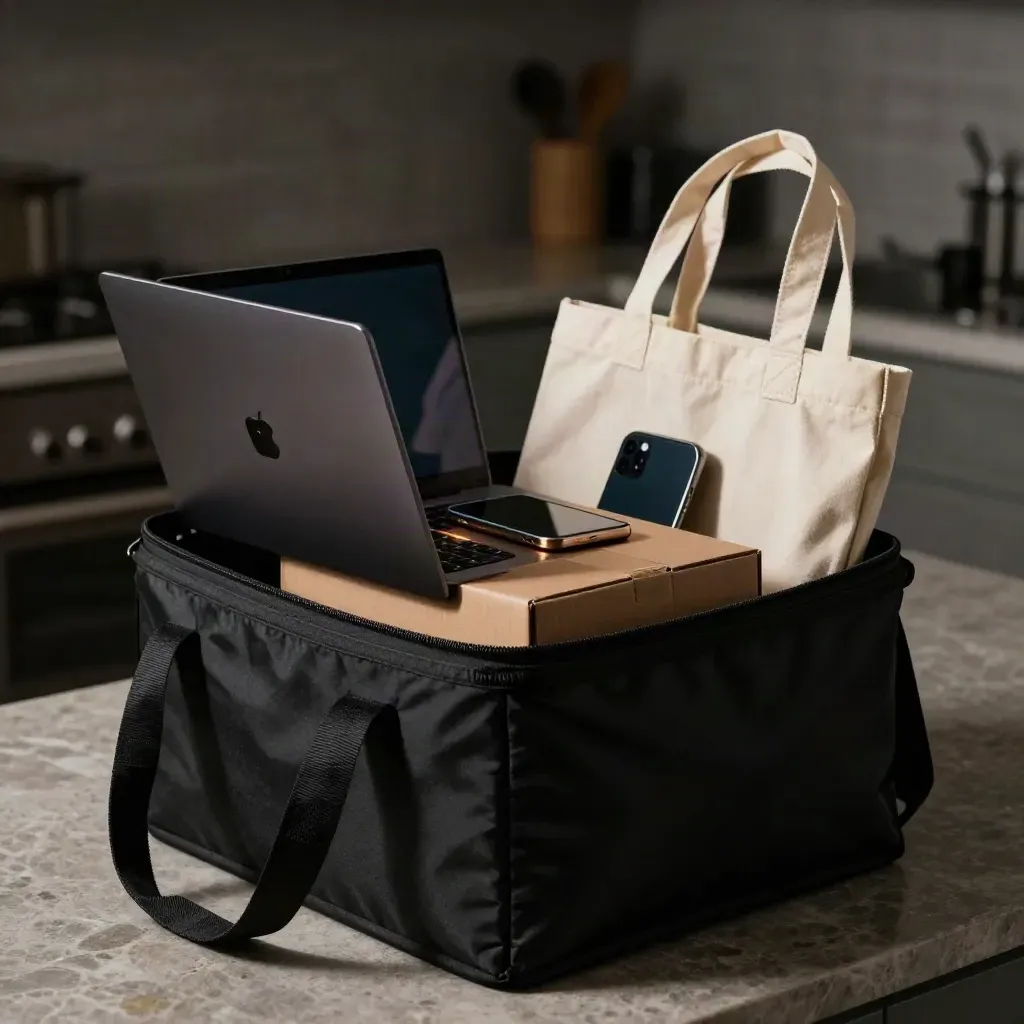 Dentro una borsa termica: laptop, smartphone, shopper riutilizzabile e scatola consegna