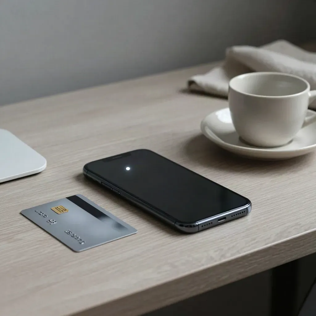 Smartphone nero con carta bancaria opaca, stand e tazza in ceramica su legno chiaro.