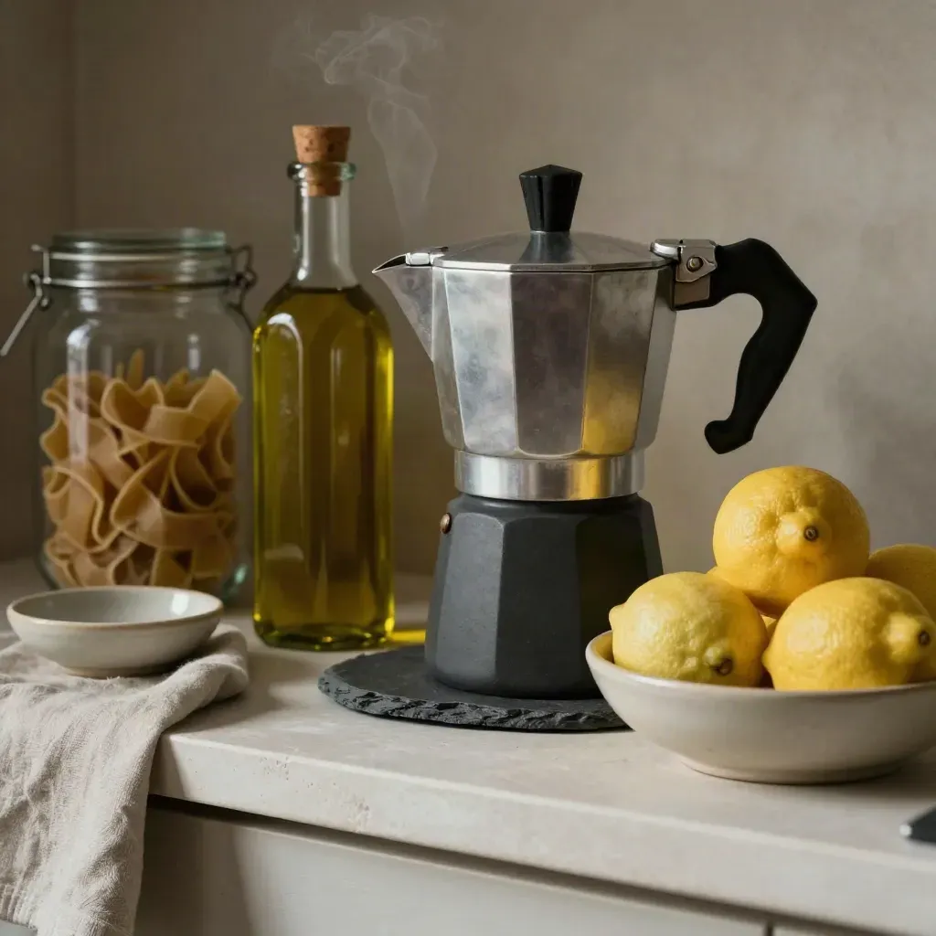 Moka, bottiglia d’olio, pasta secca e limoni su ripiano chiaro in una cucina italiana.