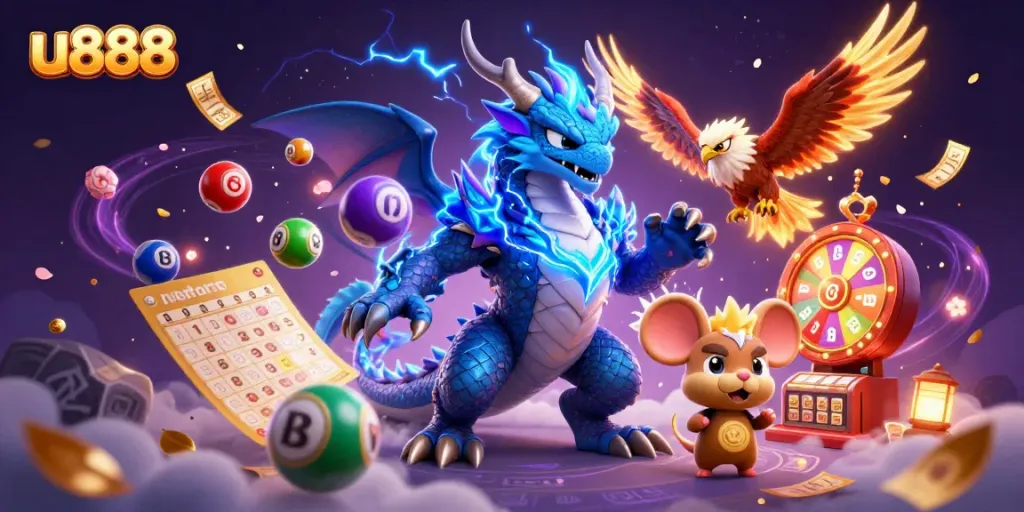 Experience thrilling wins at u888 with a dynamic 3D scene showcasing vibrant gaming elements.