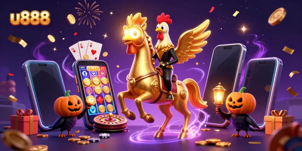 Experience the thrilling u888 casino scene with golden rooster and dynamic gaming elements.