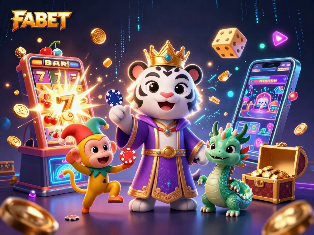 Experience thrilling wins at FABET with a vibrant 3D scene of animated casino elements and characters.