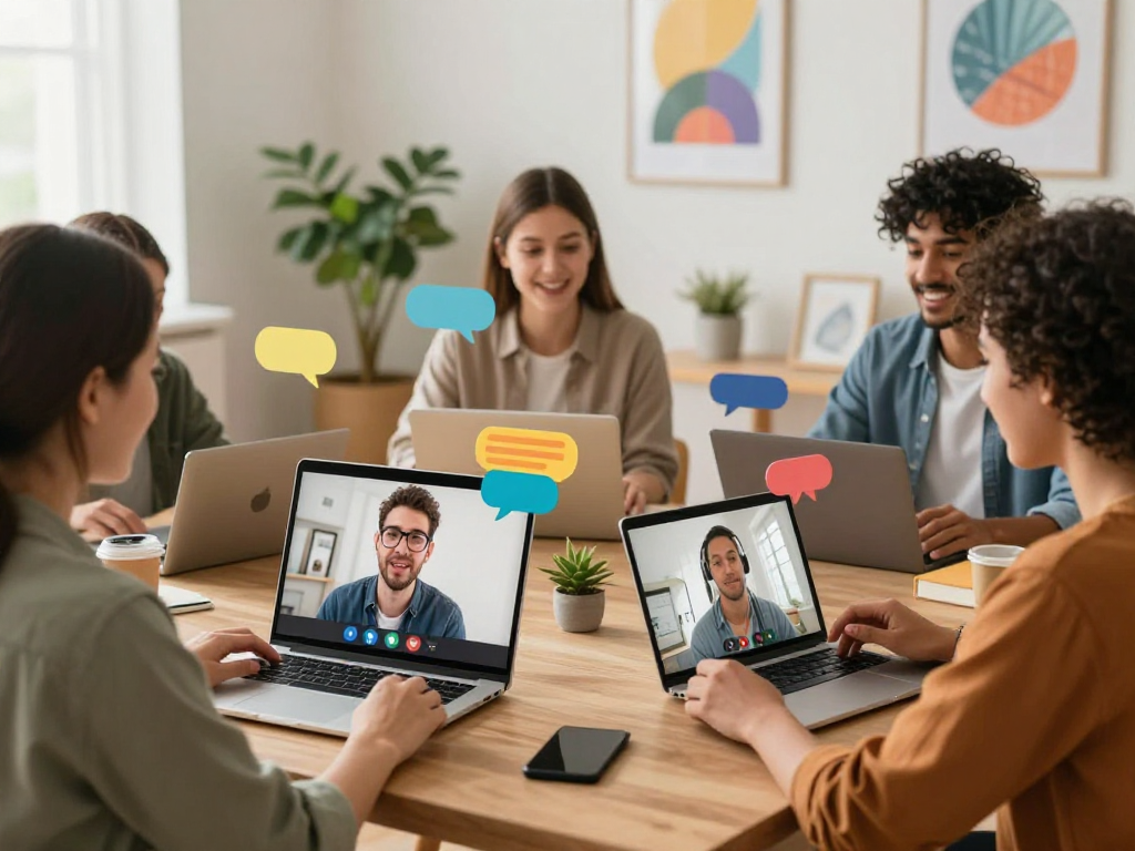 Engaging digital chat scene with diverse users sharing lively spicychat discussions in vibrant home office.