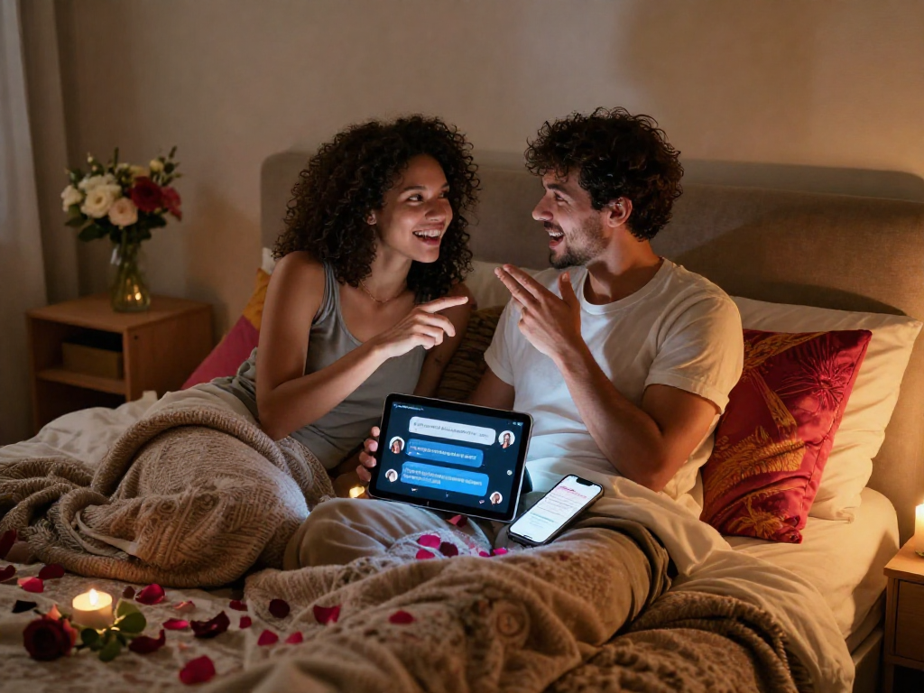 Couple enjoying AI dirty talk in an intimate bedroom setting with tech devices.
