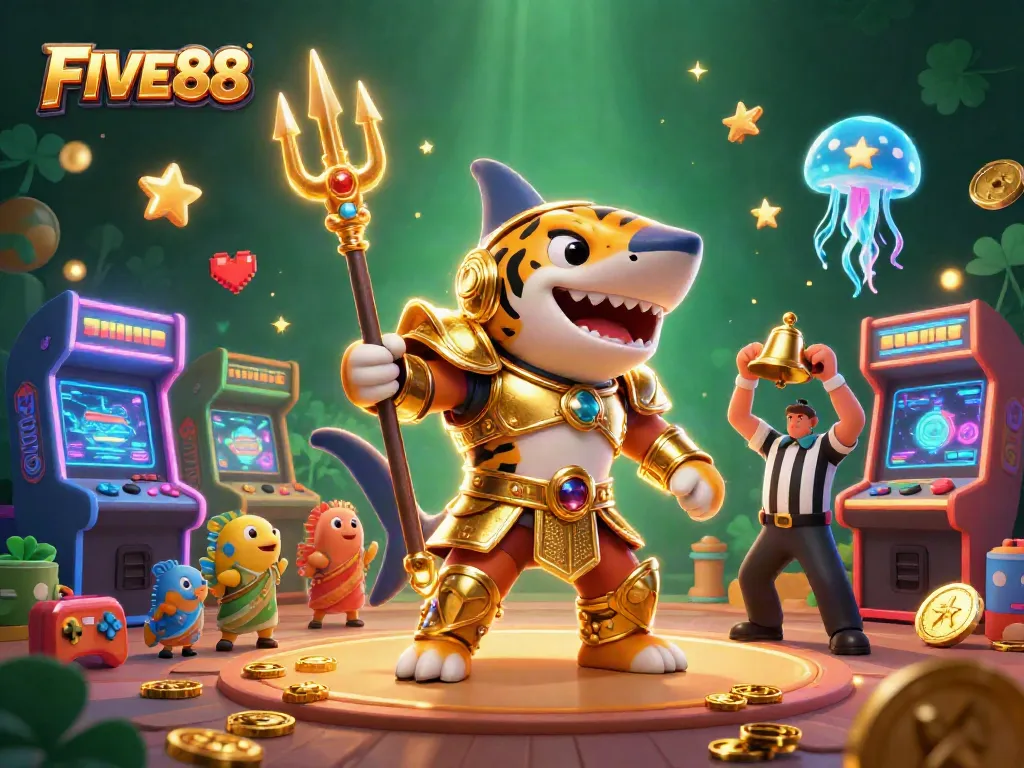 Experience thrilling gameplay with FIVE88's cartoon shark gladiator in a colorful casino scene.