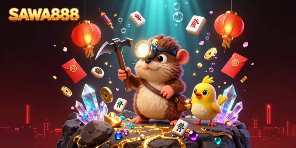 Experience the excitement of SAWA888 with a vibrant scene of a treasure hunter mole amidst gold gems and gaming symbols.