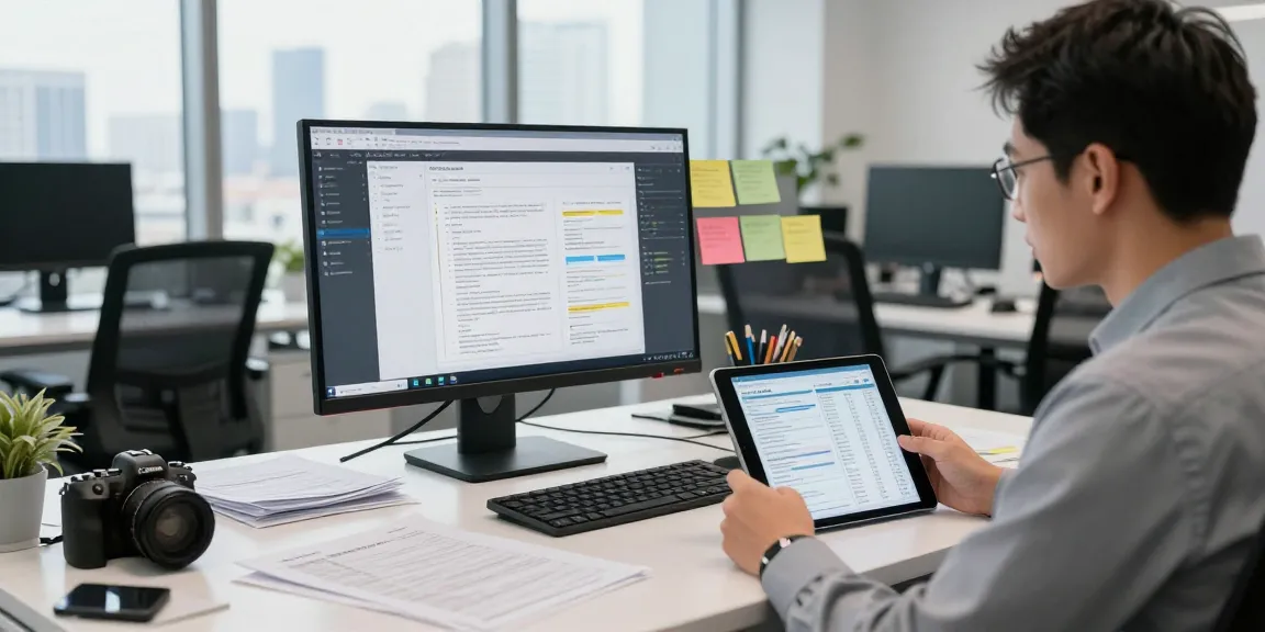 Focused professional analyzing document fraud detection software in modern office workspace