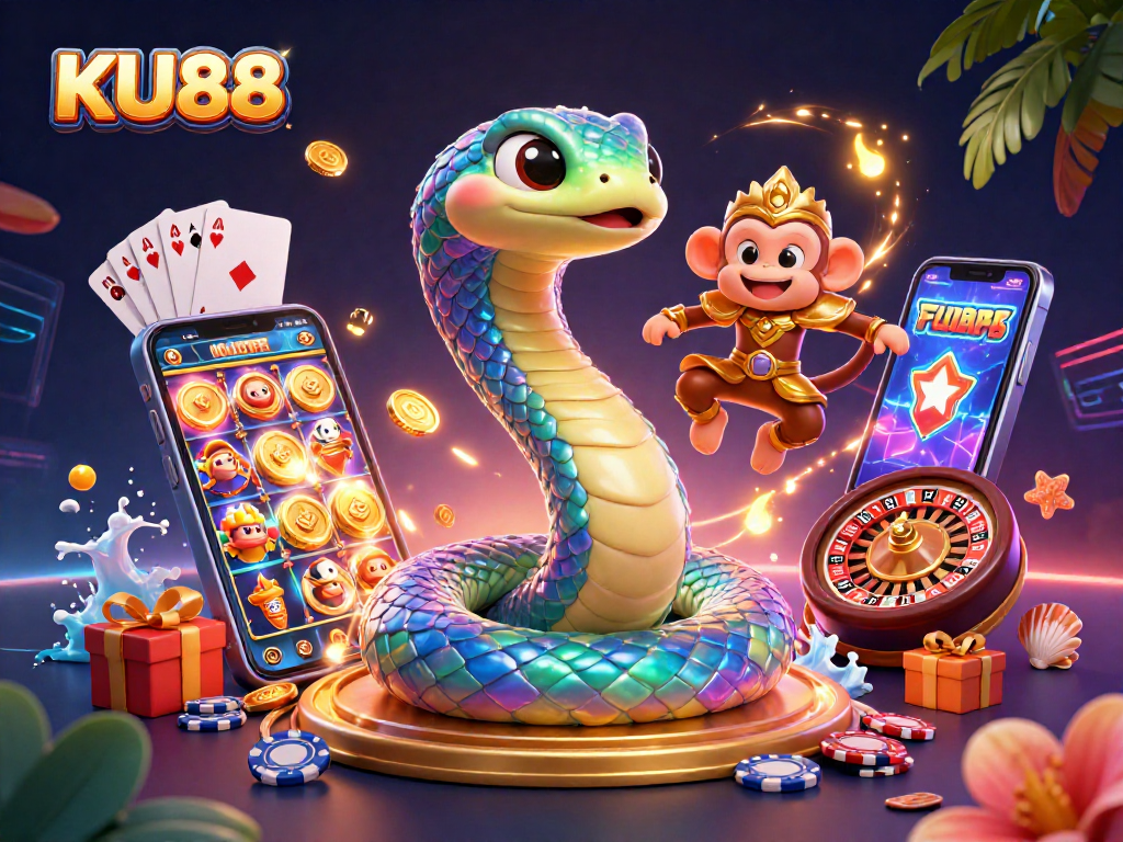 Experience exciting gameplay at KU88 with vibrant slot games and a colorful 3D illustration