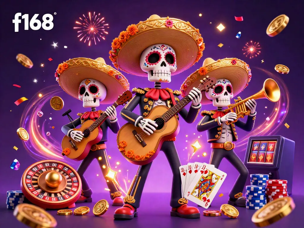 Experience the vibrant energy of f168 with a colorful 3D mariachi band amidst flying coins and a spinning roulette wheel.