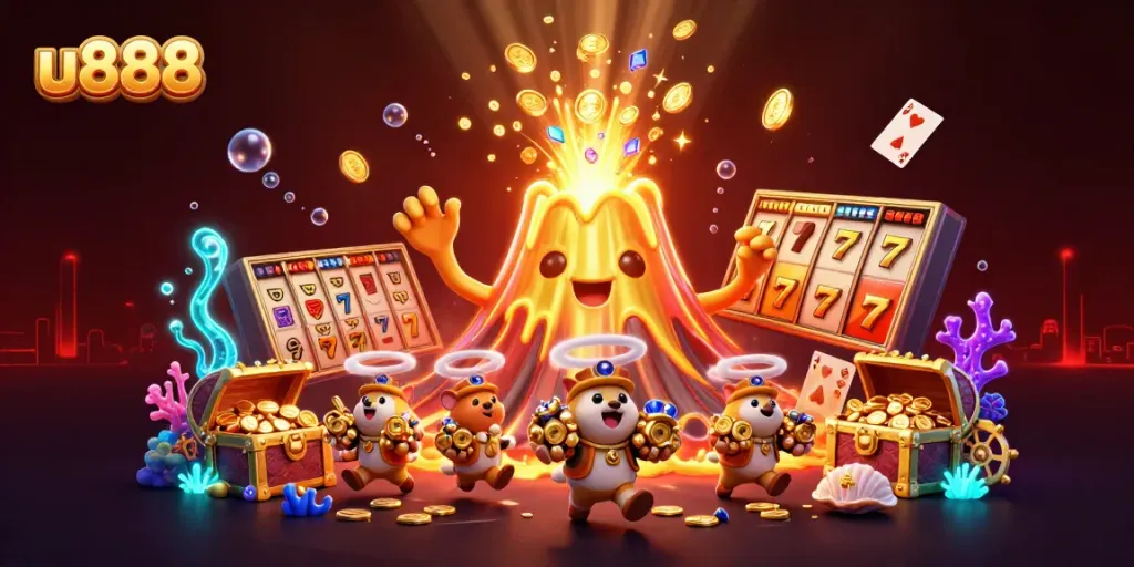 Engage with u888's exciting slot games showcased in a vibrant 3D illustration featuring golden treasures and dynamic characters.