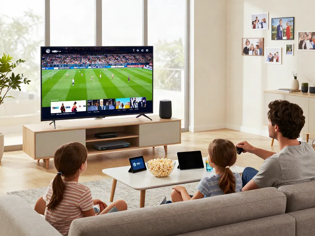 Family enjoying IPTV Italia in vibrant 4K quality in a modern living room.