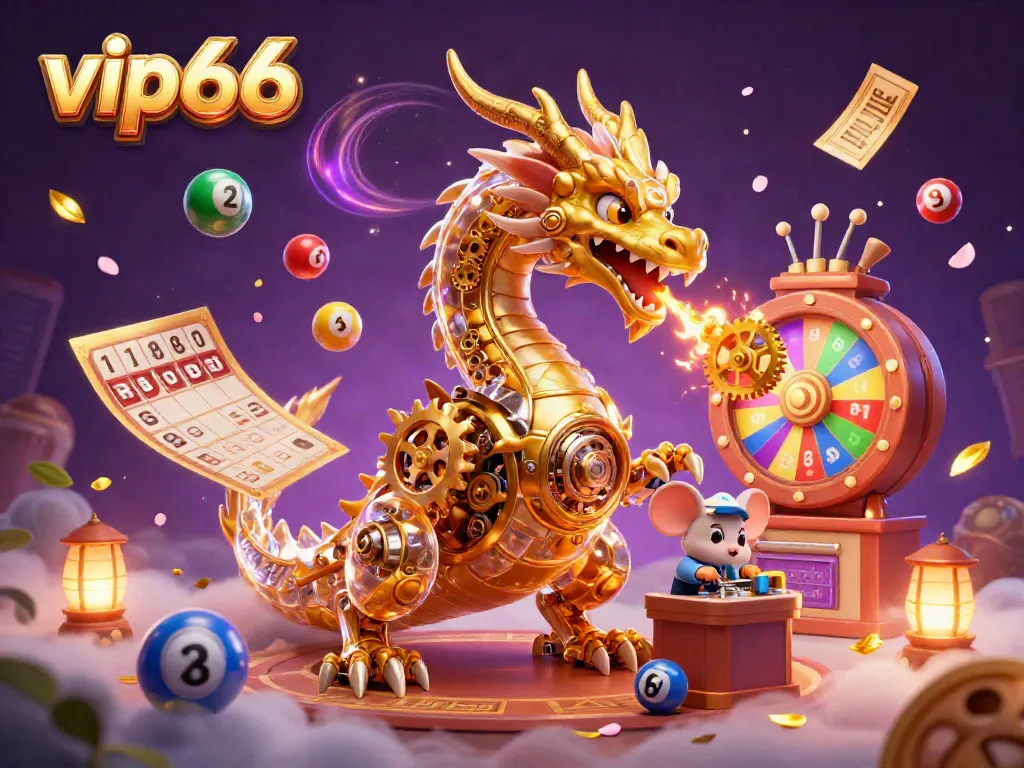 Experience the excitement at vip66 with a golden dragon and dynamic lottery elements in this vibrant casino scene.