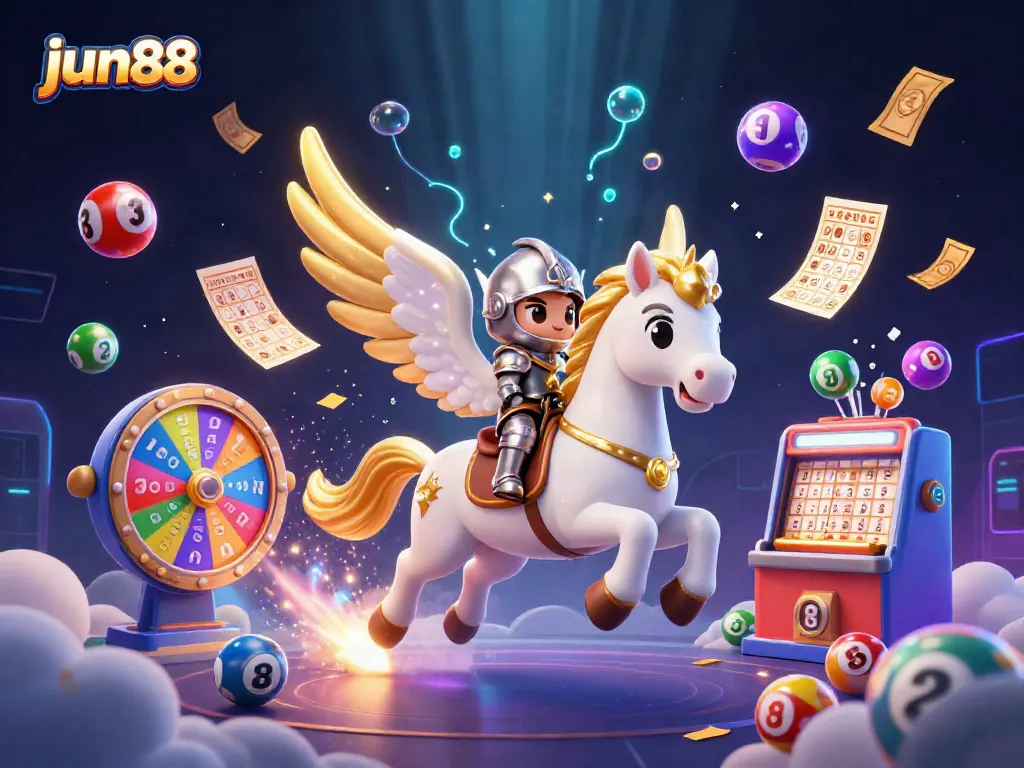 Play and win with jun88, featuring a whimsical knight and a magical horse amidst vibrant casino elements.