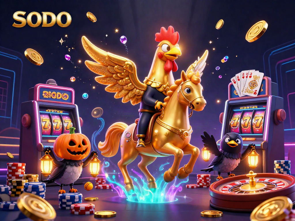 SODO's golden rooster leads thrilling casino action with royal flush and spinning roulette.